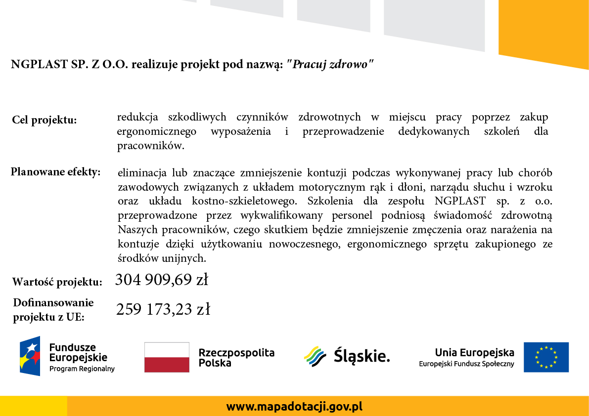 NGPLAST SP. Z O.O. realizuje projekt pod nazwą: „Pracuj zdrowo”